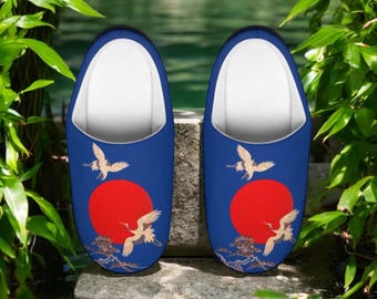 Men's Japanese Crane Slippers - Red Sun Asian Art House Shoes - Ukiyo-e Inspired Indoor Slippers, Cultural Gift Idea, Iconic Japan Style