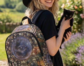 All Seeing Eye Backpack, Third Eye Ritual Occult School Bag, Dark Grimoire Witchcraft Bookbag, Candlelit Altar Travel Bag
