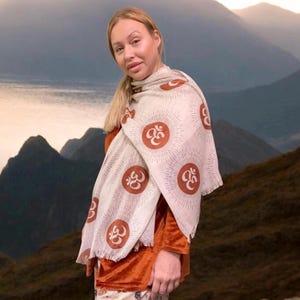 Spiritual Om Symbol Scarf Shawl Wrap for Women | Boho Yoga Meditation Cover Up with Fringes, Hindu Mantra Inspired Fashion
