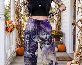 Dark Fantasy Whimsical Gothic Lounge Pants, Celestial Steampunk Wide Leg Pants, Surrealist Boho Bottoms, Whimsigoth Gift
