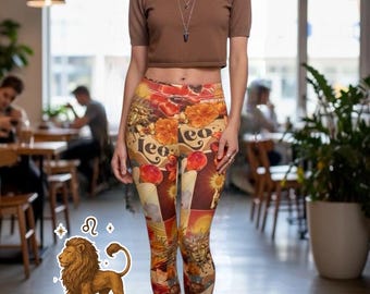 Leo Zodiac Leggings for Women, Celestial Astrology Yoga Pants, Cosmic Horoscope Fitness Wear, Witchy Zodiac Activewear