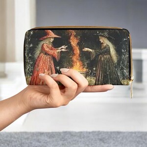 Cartera con cremallera de bruja gótica, monedero vintage con escena nocturna de magia pagana y caldero, monedero de bruja natural