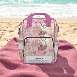Libra Zodiac Travel Backpack - Pink Pastel Astrology Bag With Horoscope Art And Libra Symbol, Celestial Gift For Star Sign Lovers