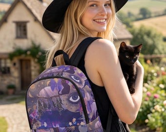 Eclectic Witch Backpack, Whimsigoth Purple School Bag, Black Cat Occult Bookbag, Hedgewitch Maximalist Travel Bag