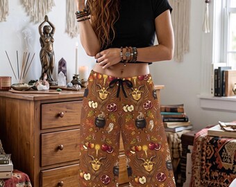 Mabon Horned Goddess Lounge Pants, Cottagecore Autumn Equinox Pagan Wide Leg Bottoms, Cottage Witch Gift