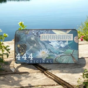 Portefeuille signe du zodiaque Verseau pour femme Porte-monnaie horoscope inspiré de l'astrologie avec signe d'eau, pochette à fermeture éclair, cadeau spirituel