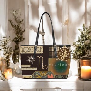 Capricorn Zodiac Tote Bag, Astrology Capricorn Gift for Her, Star Sign Leather Shoulder Bag, Celestial Horoscope Purs