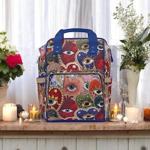Colorful Evil Eye Backpack Boho Witchy Spiritual Travel Bag, Mystical Devil Eye School Backpack, Artistic Everyday Tote, Good Fortune Bag