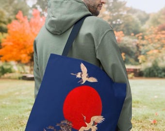 Japanese Crane Tote Bag, Red Sun Ukiyo-e Asian Art Canvas Tote, 18 Inch Reusable Carryall, Japan Inspired Gift