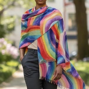 May include: A colorful rainbow-striped shawl with fringed edges. The shawl features a vibrant array of colors, including red, orange, yellow, green, blue, and purple. The shawl is draped over the shoulders.