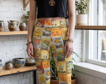 Sun Tarot Card Leggings, Golden Solar Tarot Tights, Vintage Sun Tarot Print Yoga Pants, Boho Sun Card Witchy Leggings