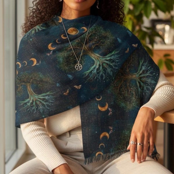 Tree of Life Scarf, Moon Phase Shawl, Celestial Fringe Wrap