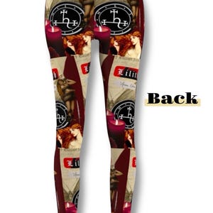 May include: Full-length leggings featuring a repeating graphic print of Lilith, red candles, and circular occult symbols. The design includes the text Lilith and From Eden in a vintage-style font against a beige and deep red background.