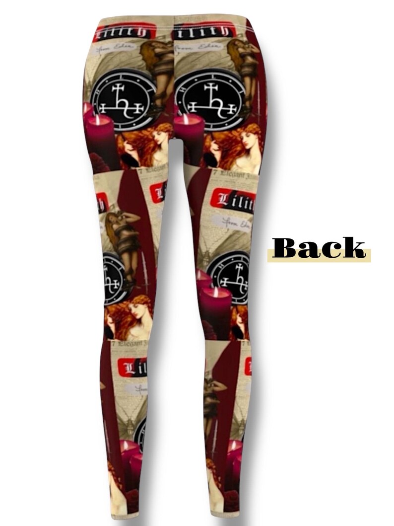 May include: Full-length leggings featuring a repeating graphic print of Lilith, red candles, and circular occult symbols. The design includes the text Lilith and From Eden in a vintage-style font against a beige and deep red background.