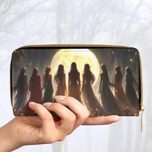 Cartera de magia wiccana, monedero pagano con cremallera de la diosa lunar celestial, bolso de viaje encantado de las brujas de medianoche, cartera del zodíaco espiritual de las brujas