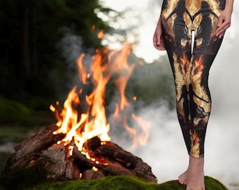 Dark Goddess Flame Leggings, Witchy Yoga Pants, Witchcore Activewear, Celestial Ritual Stretch Leggings for Women