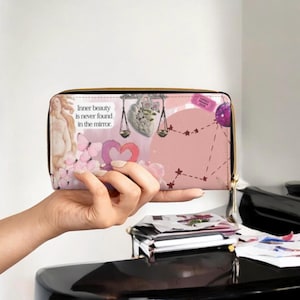 Libra Zodiac Wallet Pink Aesthetic | Horoscope Astrology Purse For Libra Gift | Celestial Constellation Wallet For Her Birthday