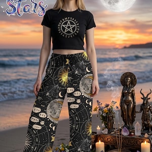 Cosmic Map Lounge Pants, Sun Moon Constellation Print Bottoms, Astrological Star Sign Wide Leg Pants, Witchy Boho Sleepwear