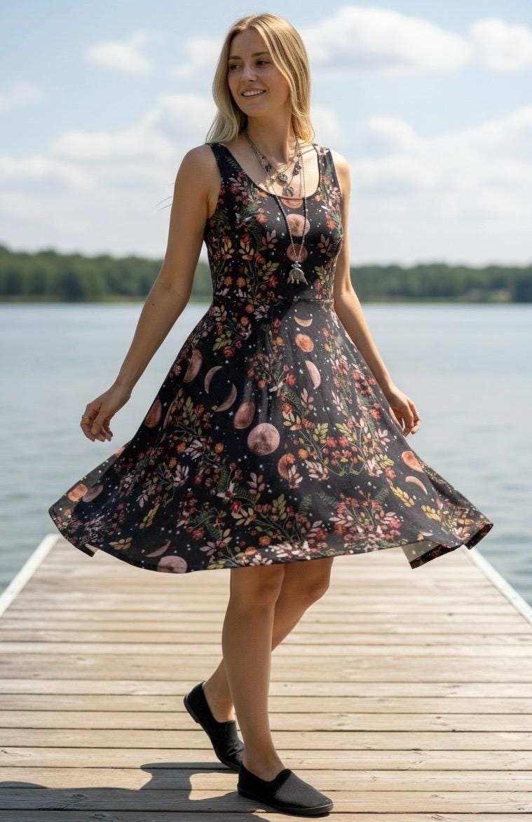 Witchcore Moon Phase Dress, Celestial Botanical Sundress, Dark