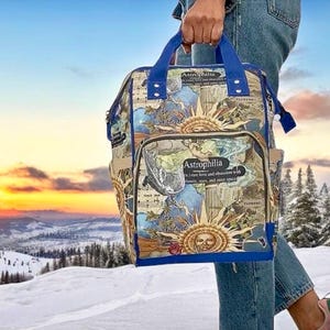 Astrophilia Backpack For Women With Celestial Sun, Stars, And Angel Print - Cosmic Vintage Bag For Artists And Star Lovers, Astrological Bag