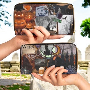Cartera con cremallera, accesorios de bruja, monedero de Halloween, cartera de viaje gótica, cartera espeluznante con cremallera