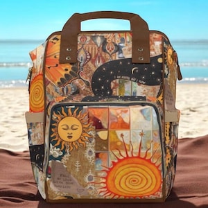 Celestial Boho Backpack for Women, Sun Moon Zodiac Patchwork Travel Bag, Mystical Astrology School Bookbag, Gift for Her