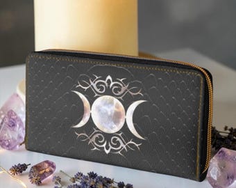 Gothic Triple Moon Wallet, Opalescent Snakeskin Zip Around Purse, Witchy Lunar Symbol Wallet, Wiccan Moon Gift