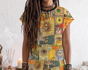 Major Arcana Patchwork Loungewear, Tarot Deck Print Two Piece Set, Witchcore Boho Sleepwear, Fortune Teller Gift