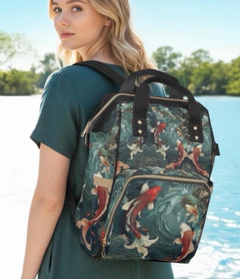 Koi Fish Backpack, Japanese Koi School Bag, Ocean Wave Travel