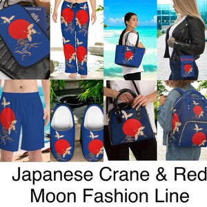 May include: A collection of blue fashion items featuring a Japanese crane and red moon design. Items include a scarf, passport holder, pants, tote bag, crossbody bag, sneakers, shorts, slippers, handbag, backpack, and tote bag.