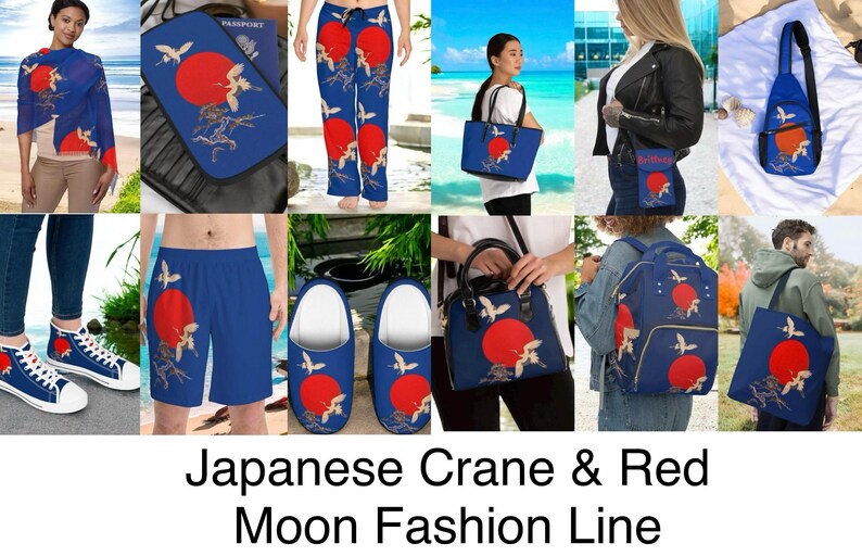 May include: A collection of blue fashion items featuring a Japanese crane and red moon design. Items include a scarf, passport holder, pants, tote bag, crossbody bag, sneakers, shorts, slippers, handbag, backpack, and tote bag.