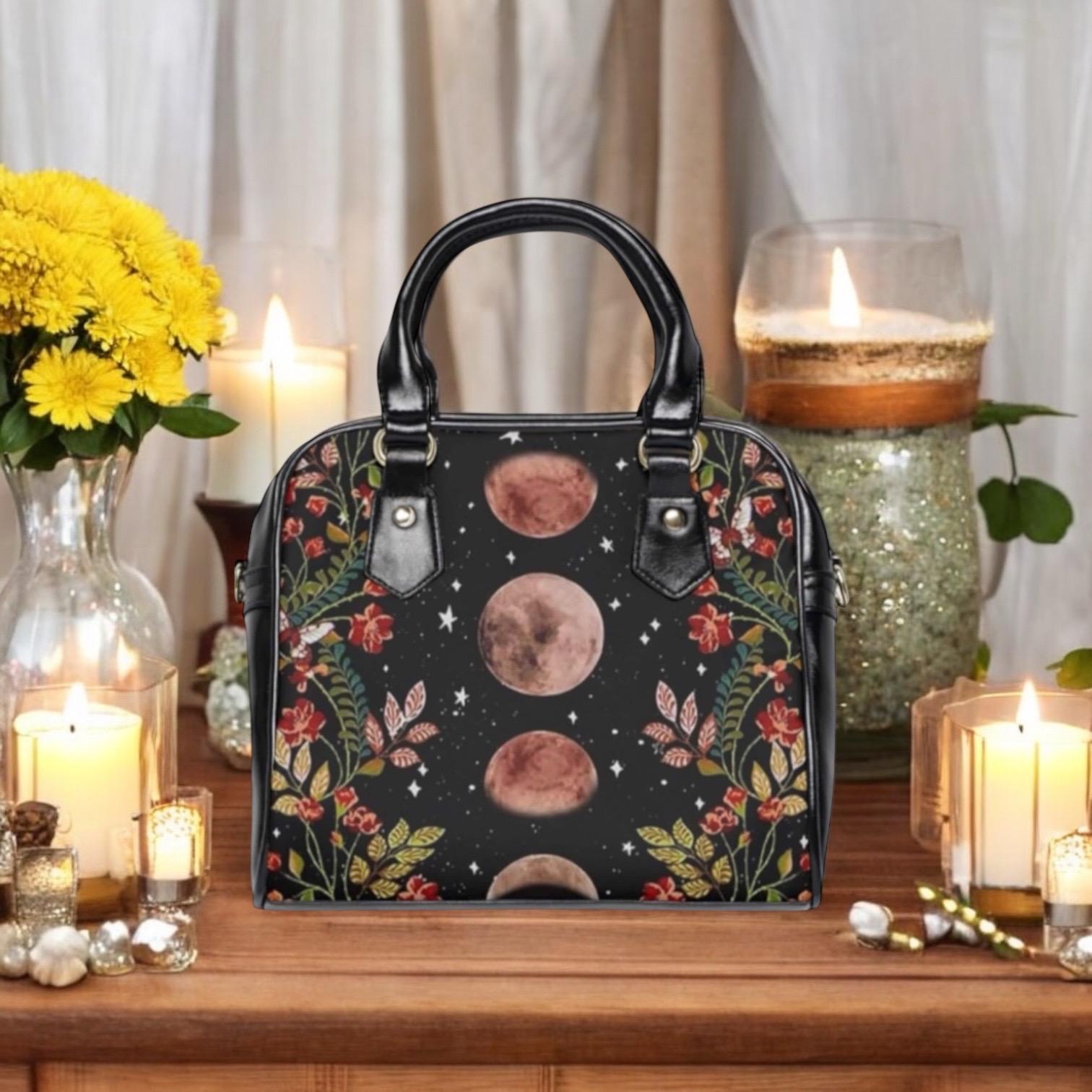 Witchy Moon Phase Vegan Leather Handbag, Celestial Floral Gothic