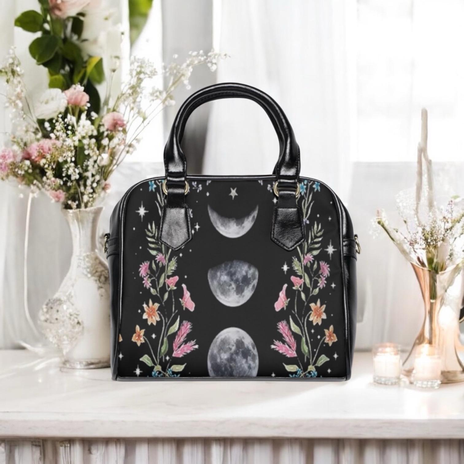 Moon Phase Wildflower Purse, Celestial Botanical Handbag, Lunar
