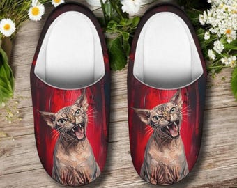 Hissing Sphynx Hairless Cat Slippers, Gothic Red Oil Painting House Shoes, Dramatic Cat Lover Gift, Men Women Sizes