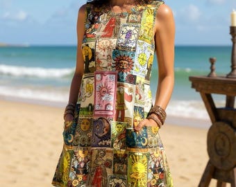 Tarot Card Dress, Witchy Boho Dress, Tarot Print Sundress, Vintage Tarot Sundress, Witch Outfit, Boho Witch Dress, Pagan Clothing