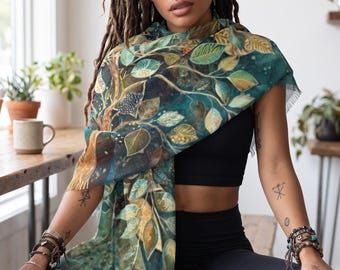 Tree of Life Scarf, Autumn Foliage Wrap Shawl, Celtic Pagan Sacred Nature Fringe Scarf, Muted Fall Aesthetic Accessory