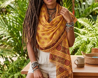 Om Symbol Scarf, Sanskrit Devotional Print Wrap Shawl, Sacred Spiritual Fringe Scarf, Boho Yoga Gift