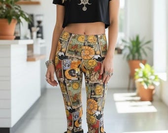 Tarot Leggings, Celestial Yoga Pants, Witchy Print High Waisted Leggings, Vintage Inspired Astrology Pants