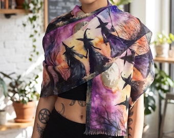 Waterverf heksen Halloween sjaal, volle maan omslagdoek, gotische boho sjaal met franjes, griezelig heksen cadeau