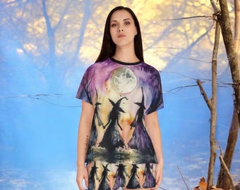 Witchy T Shirt for Women with Full Moon Print Spooky Gothic Witchcore Clothing Pagan Aesthetic Tee All Over Print Top Gift for Her