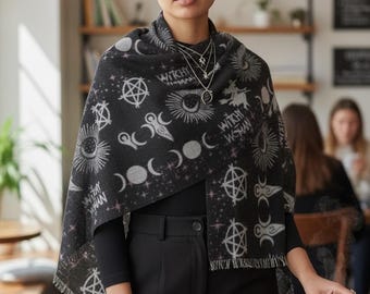 Moon Phase Witchy Scarf Pentacle Fringe Shawl Wrap Lightweight Celestial Boho Witch Style