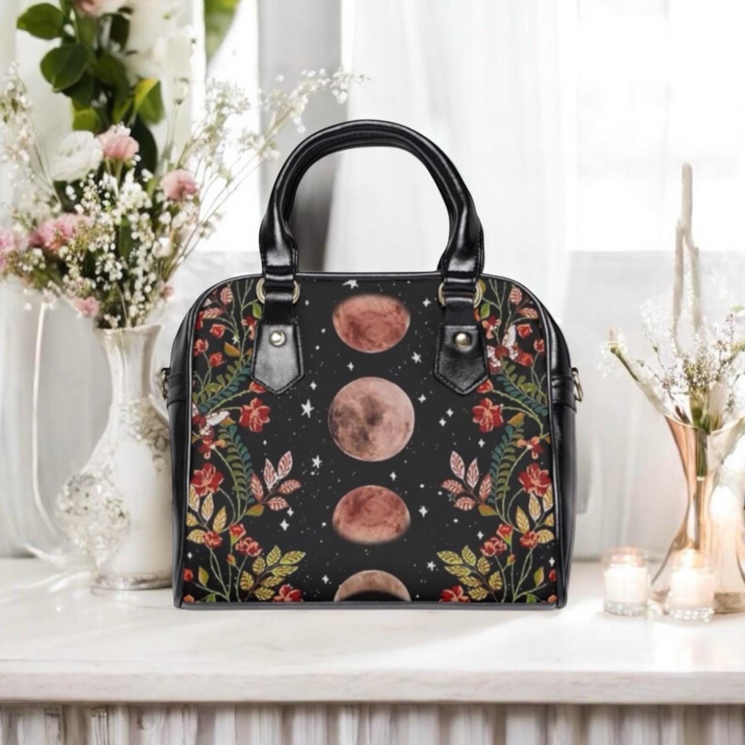 Witchy Moon Phase Vegan Leather Handbag, Celestial Floral Gothic