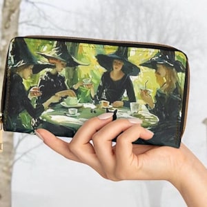 Cartera con cremallera, obra de arte inspirada en Monet con brujas y gato negro, monedero pequeño, cartera de viaje grande de Witches Coven, paganismo wiccano, ocultismo