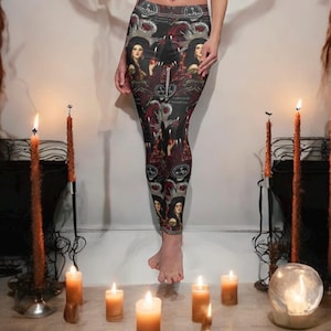 Lilith Print Yoga Leggings Gothic Witchcore Occult Pants Dark Goddess Tights Mystic Stretch Wear Pagan Ritual Gift Activewear