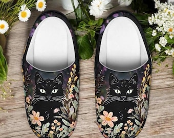 Black Cat Slipper Clogs, Cottagecore Witch House Shoes, Floral Black Cat Slippers, Witchy Cat Lover Gift, Boho Indoor Clog, Cat Mom Gift