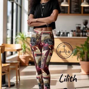 May include: Leggings featuring a repeating collage print of the Lilith sigil, portraits of a woman with long red hair, and the text Lilith. The leggings have a fitted silhouette and are worn with a black short-sleeved crop top and black boots.