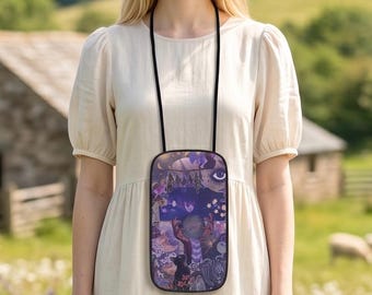 Whimsigoth Crossbody Purse, Eclectic Witch Wallet Bag, Purple Black Cat Witchcore Purse, Hedgewitch Maximalist Gift