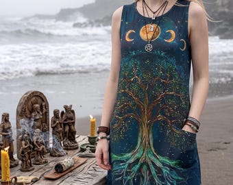 Triple Moon Tree of Life Dress, Celestial Witch Sundress, Sacred Tree Pagan Print Dress, Boho Nature Dress