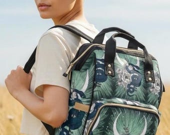 Plecak z fazą księżyca, plecak z motywem okultystycznego węża, plecak w stylu boho z czarownicą, torba szkolna
