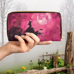 Cartera de bruja rosa con diseño de luna llena, cartera de mano con cremallera gótica celestial, monedero de bruja voladora, regalo místico wiccan para mujer